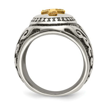 Stainless Steel w/14k Accent Antiqued and Polished Cross Ring
