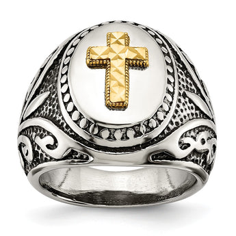 Stainless Steel w/14k Accent Antiqued and Polished Cross Ring