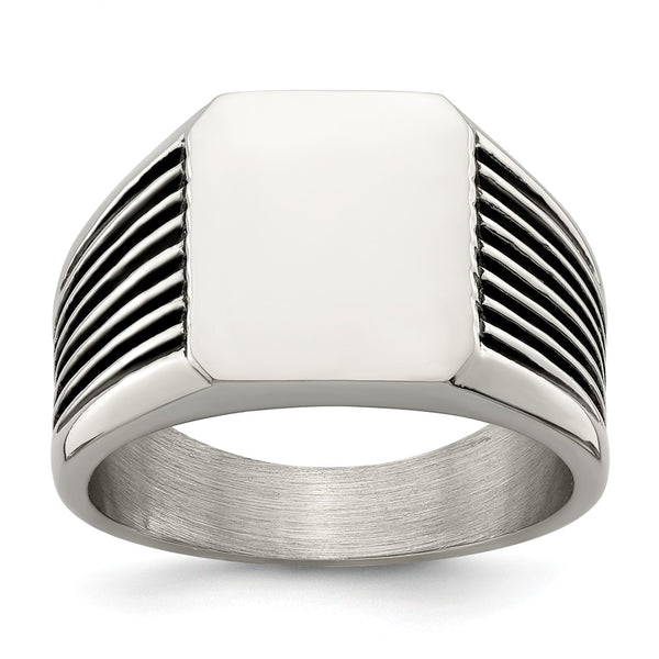 Stainless Steel Polished with Black Enamel Signet Ring
