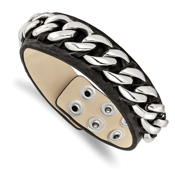 Stainless Steel Black Leather w/Chain 8.5in Bracelet