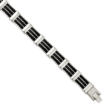 Stainless Steel Black Rubber & Polished 8.25in Bracelet