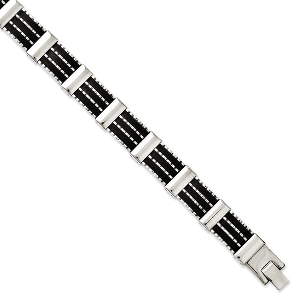 Stainless Steel Black Rubber & Polished 8.25in Bracelet