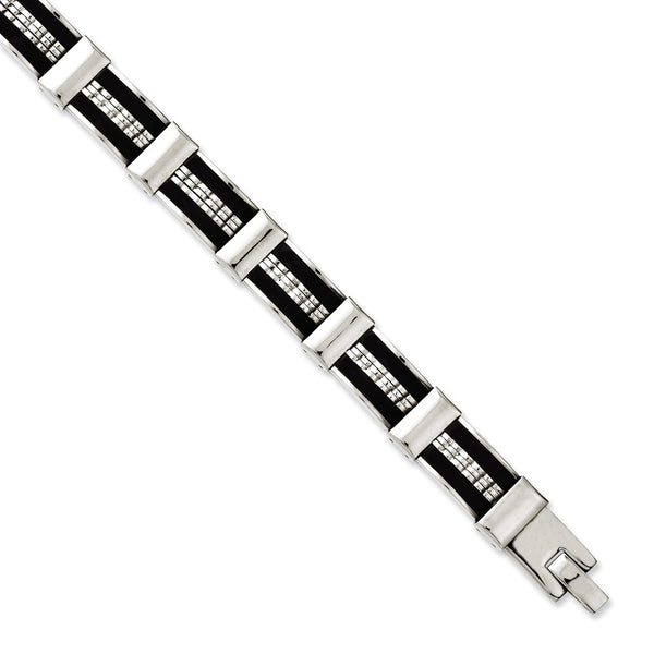 Stainless Steel Black Rubber & Polished 8.5in Bracelet