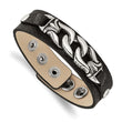 Stainless Steel Black Leather w/Antiqued Chain 8.5in Bracelet