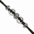 Stainless Steel Black Leather w/Antiqued Beads 8.25in w/ext Bracelet