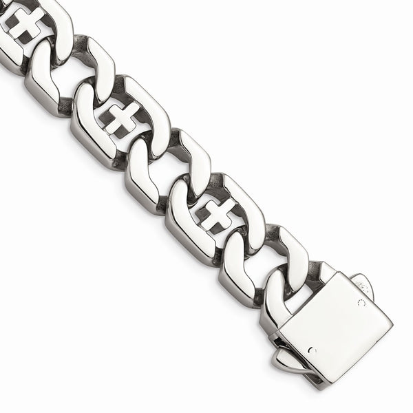 Stainless Steel Polished Link w/Crosses 8.5in Bracelet
