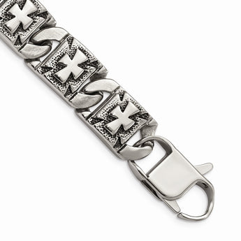 Stainless Steel Antiqued Links with Crosses Bracelet