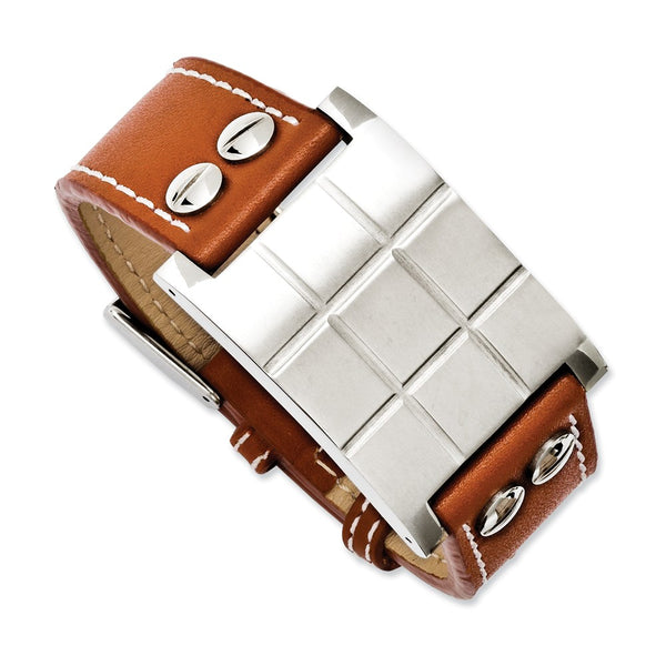 Stainless Steel Brown Leather Adjustable Buckle Bracelet