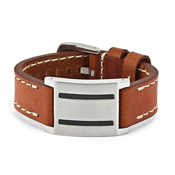 Stainless Steel Brown Leather w/Carbon Fiber Inlay Buckle Bracelet