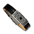 Stainless Steel Black Leather w/Decorative Accent 7.5in Bracelet