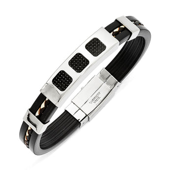 Stainless Steel Black Rubber w/Carbon Fiber & Leather 7.75in Bracelet