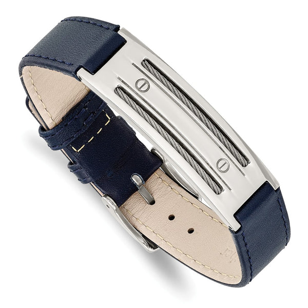 Stainless Steel Blue Leather w/Wire Adjustable Buckle Bracelet