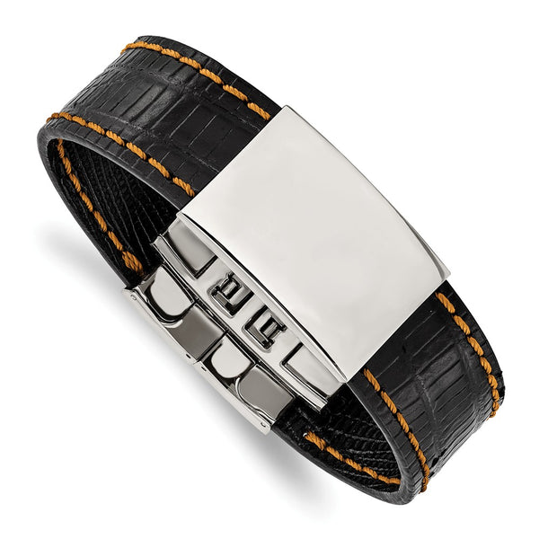 Stainless Steel Shiny Polished Plate Black with Orange Stitching Bracelet