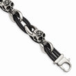 Stainless Steel Polished Skulls/Roses Black Leather Bracelet