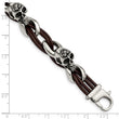 Stainless Steel Polished Skulls/Roses Brown Leather Bracelet