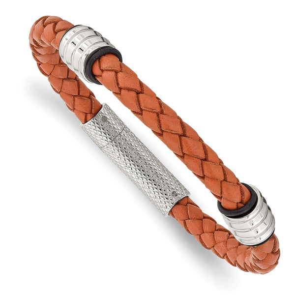 Stainless Steel Polished Orange Leather Bracelet