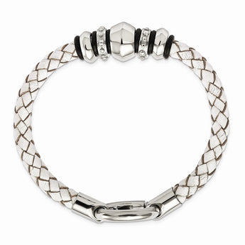 Stainless Steel Polished White Leather Black Rubber Bracelet