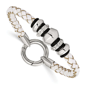 Stainless Steel Polished White Leather Black Rubber Bracelet