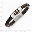 Stainless Steel Polished Brown Leather Black Rubber Bracelet