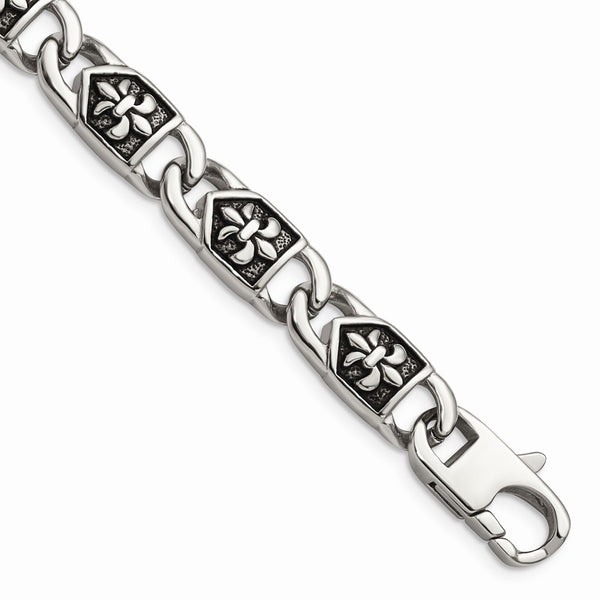 Stainless Steel Polished/Antiqued Fleur de Lis Bracelet