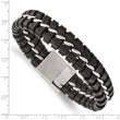 Stainless Steel Black Leather Brushed and Polished Bracelet