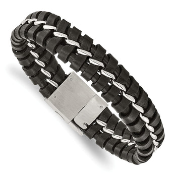Stainless Steel Black Leather Brushed and Polished Bracelet