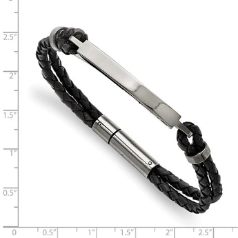 Stainless Steel Polished ID and Black Woven Leather Bracelet