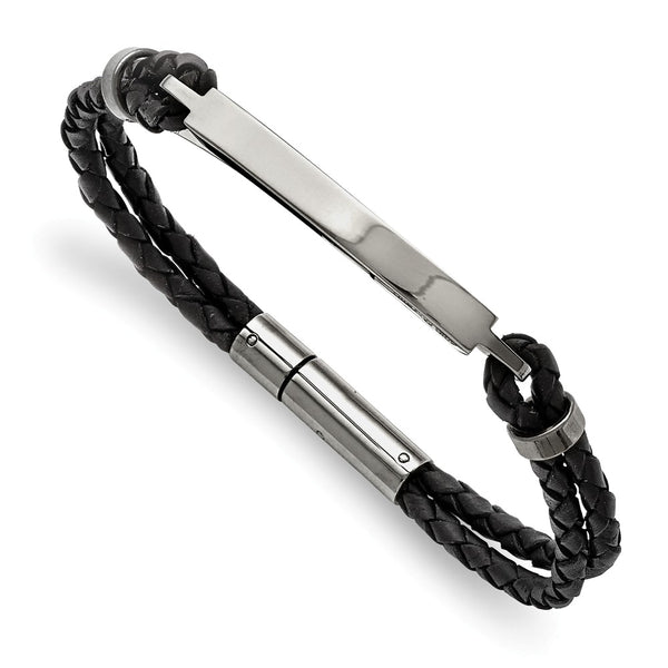 Stainless Steel Polished ID and Black Woven Leather Bracelet