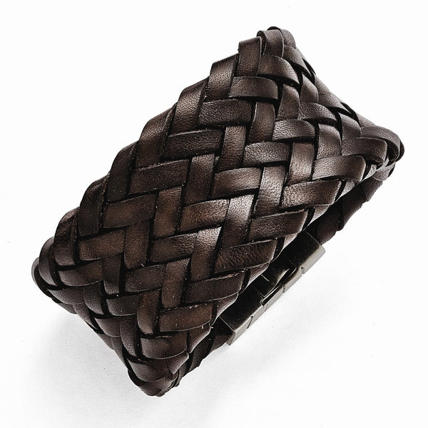 Stainless Steel Brushed Brown Italian Woven Leather Bracelet