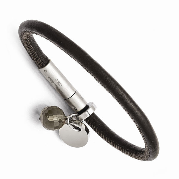Stainless Steel Polished w/Smoky Quartz Brown Leather Bracelet