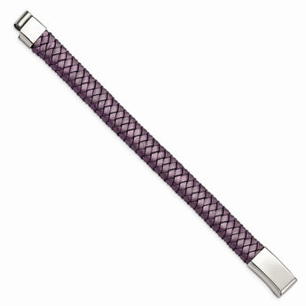 Stainless Steel Polished Metallic Purple Woven Leather Bracelet