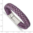 Stainless Steel Polished Metallic Purple Woven Leather Bracelet