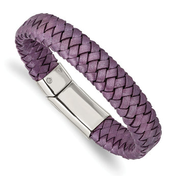 Stainless Steel Polished Metallic Purple Woven Leather Bracelet