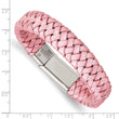 Stainless Steel Polished Metallic Pink Woven Leather Bracelet