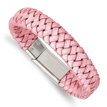 Stainless Steel Polished Metallic Pink Woven Leather Bracelet