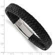 Stainless Steel Polished Black Woven Leather Bracelet