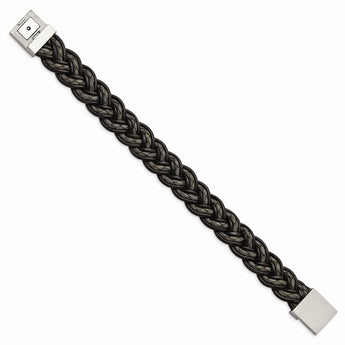 Stainless Steel Brushed Black and Grey Woven Leather Bracelet