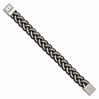 Stainless Steel Brushed Black and Cream Woven Leather Bracelet