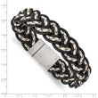 Stainless Steel Brushed Black and Cream Woven Leather Bracelet