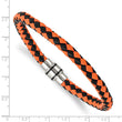 Stainless Steel Polished Black IP Black/Orange Woven Leather Bracelet