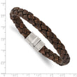 Stainless Steel Polished Brown Woven Leather Bracelet