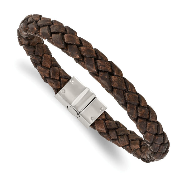 Stainless Steel Polished Brown Woven Leather Bracelet