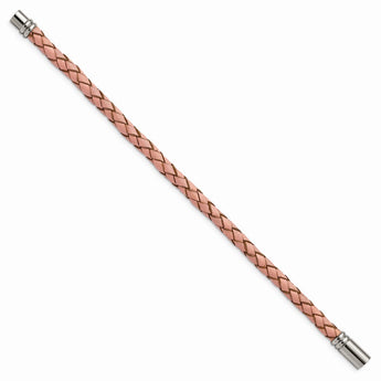 Stainless Steel Polished Pink Woven Leather Bracelet