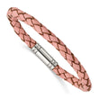 Stainless Steel Polished Pink Woven Leather Bracelet