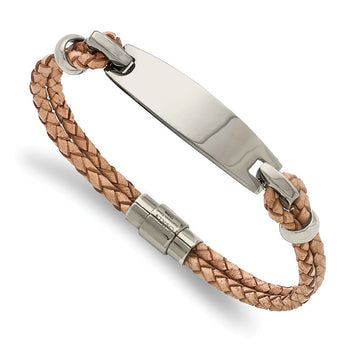 Stainless Steel Polished ID and Tan Leather Woven Bracelet