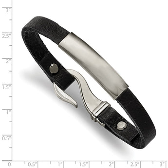 Stainless Steel Polished ID and Black Leather Bracelet