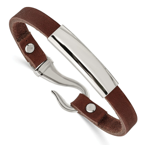 Stainless Steel Polished ID Brown Leather Bracelet