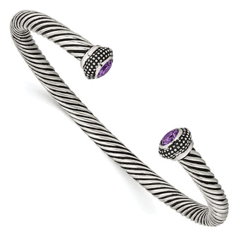 Stainless Steel Polished/Antiqued Purple CZ Twisted Bracelet