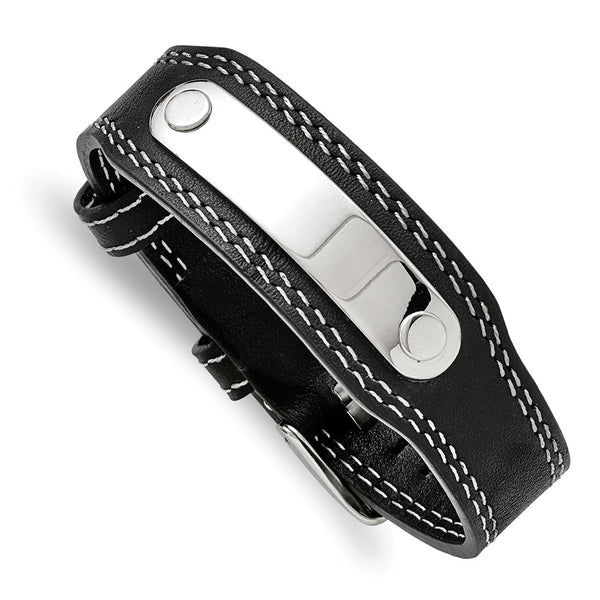 Stainless Steel and Genuine Black Leather Bracelet
