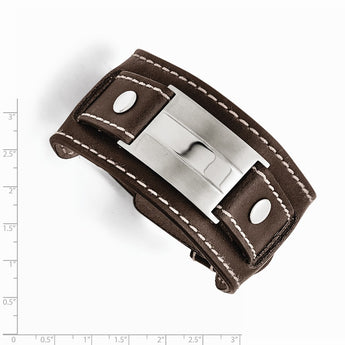 Stainless Steel Brown Leather Brushed/Polished Buckle Bracelet
